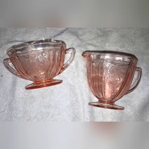 *as is Vintage Floral Pink Depession Glass Cream and Sugar